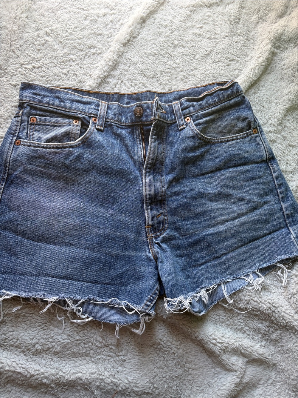 Levi's Blue High-Rise Frayed Hem Denim Shorts